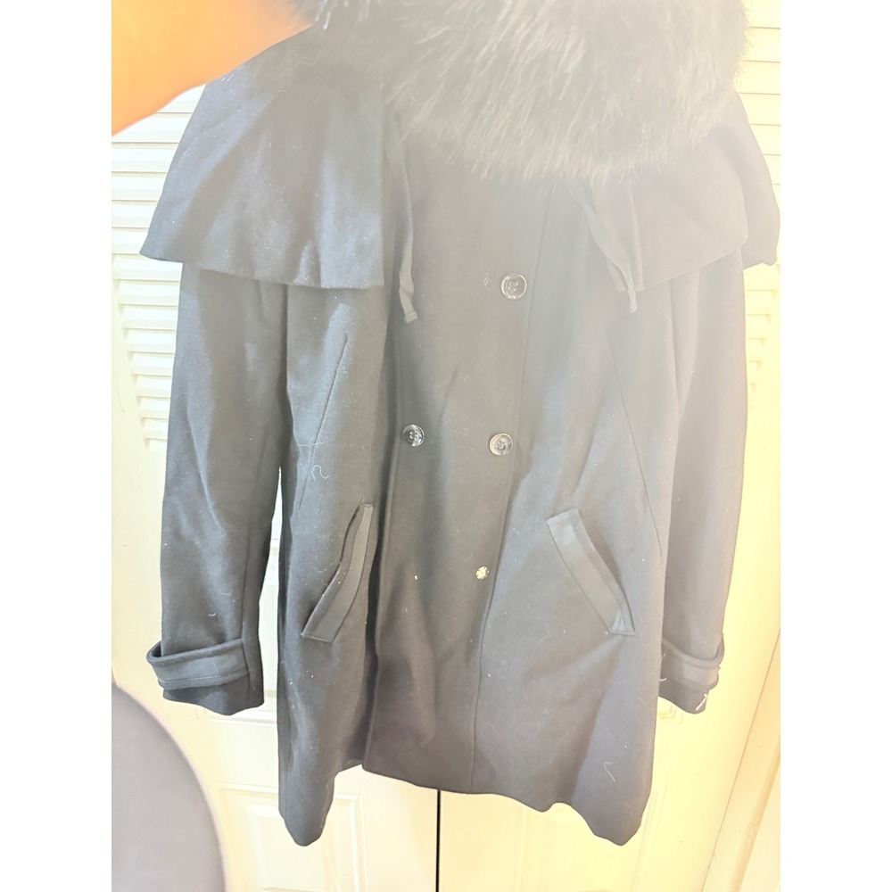 Calvin Klein Black Faux Fur Trim Hooded Capelet Pea Coat Womens‎ Size 6